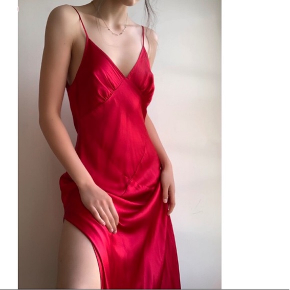 Vintage 90s 100% Silk Slip Dress Crimson Red High Slit Silk Dress Backless Bella - Picture 6 of 16